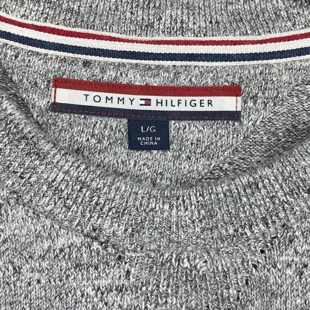 TOMMY HILFIGER Sweater Mens Large L Heather Gray Pullover 100% Cotton Crewneck